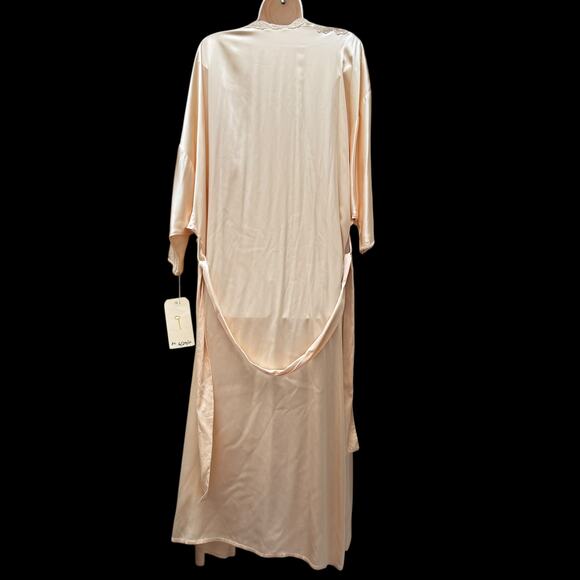 Vintage Peach Satin Robe Lace Trim Belted 50s Style Dolman Sleeve Loungewear M/L - Picture 5 of 13